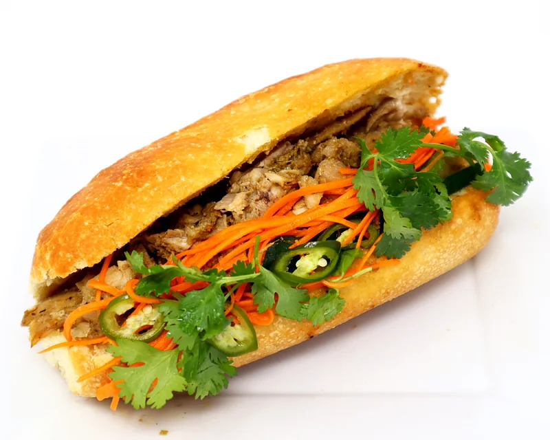 Vietnamese sub with lemongrass chicken, pickled carrot, cucumber, jalapeno and cilantro
